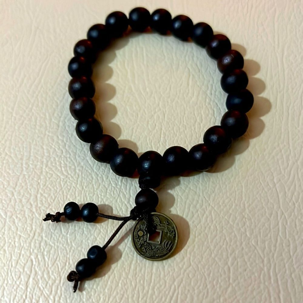 Wooden Bead and Mini iChing Coin Stretch Bracelet